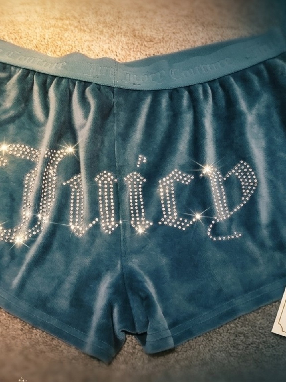 Juicy Couture Velour Rhinestone Booty Lounge Shorts Teal Blue Medium